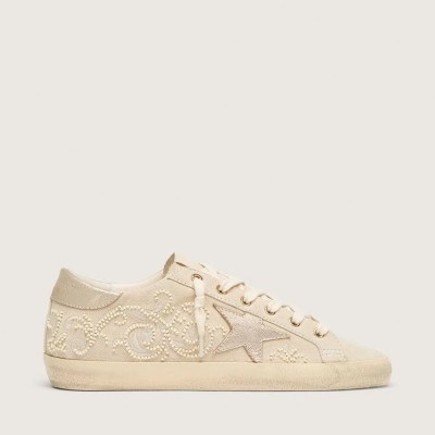 Golden Goose Super-Star Ltd In Pearl Suede With Gold Star And Bead Embroidery Golden Goose Super-Star Ltd In Pearl Suede With Gold Star And Bead Embroidery