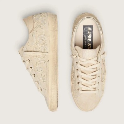 Golden Goose Super-Star Ltd In Pearl Suede With Gold Star And Bead Embroidery Golden Goose Super-Star Ltd In Pearl Suede With Gold Star And Bead Embroidery