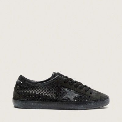 Golden Goose Super-Star Ltd In Perforated Black Suede With Black Star And Crystals Golden Goose Super-Star Ltd In Perforated Black Suede With Black Star And Crystals