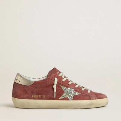 Golden Goose Super-Star Ltd In Red Suede With Silver Glitter Star And Laminated Leather Heel Tab Golden Goose Super-Star Ltd In Red Suede With Silver Glitter Star And Laminated Leather Heel Tab