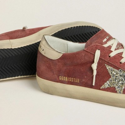 Golden Goose Super-Star Ltd In Red Suede With Silver Glitter Star And Laminated Leather Heel Tab Golden Goose Super-Star Ltd In Red Suede With Silver Glitter Star And Laminated Leather Heel Tab