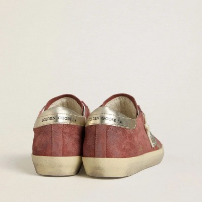 Golden Goose Super-Star Ltd In Red Suede With Silver Glitter Star And Laminated Leather Heel Tab Golden Goose Super-Star Ltd In Red Suede With Silver Glitter Star And Laminated Leather Heel Tab