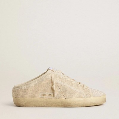 Golden Goose Super-Star Sabot In Beige Canvas With Embroidered Beads And Beige Suede Star Golden Goose Super-Star Sabot In Beige Canvas With Embroidered Beads And Beige Suede Star