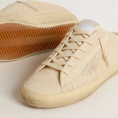 Golden Goose Super-Star Sabot In Beige Canvas With Embroidered Beads And Beige Suede Star Golden Goose Super-Star Sabot In Beige Canvas With Embroidered Beads And Beige Suede Star