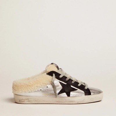 Golden Goose Super-Star Sabot In Silver Laminated Leather With Black Star Golden Goose Super-Star Sabot In Silver Laminated Leather With Black Star