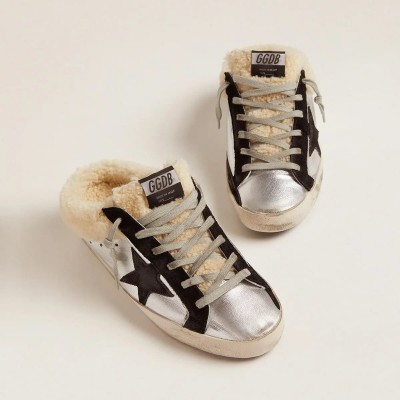 Golden Goose Super-Star Sabot In Silver Laminated Leather With Black Star Golden Goose Super-Star Sabot In Silver Laminated Leather With Black Star