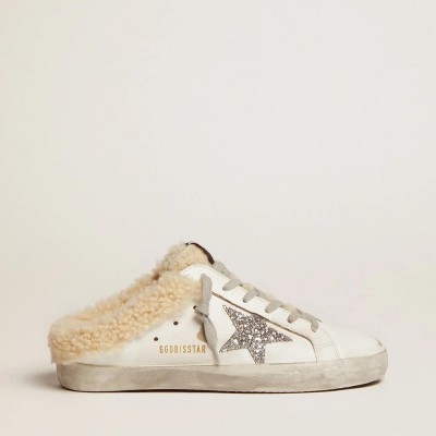 Golden Goose Super-Star Sabot In White Leather And Shearling Lining Golden Goose Super-Star Sabot In White Leather And Shearling Lining