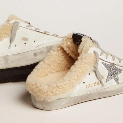 Golden Goose Super-Star Sabot In White Leather And Shearling Lining Golden Goose Super-Star Sabot In White Leather And Shearling Lining