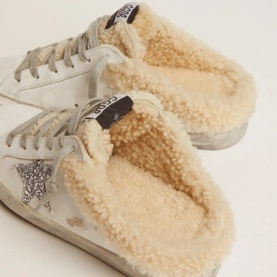 Golden Goose Super-Star Sabot In White Leather And Shearling Lining Golden Goose Super-Star Sabot In White Leather And Shearling Lining