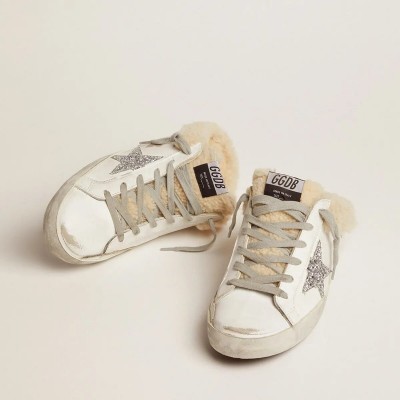 Golden Goose Super-Star Sabot In White Leather And Shearling Lining Golden Goose Super-Star Sabot In White Leather And Shearling Lining