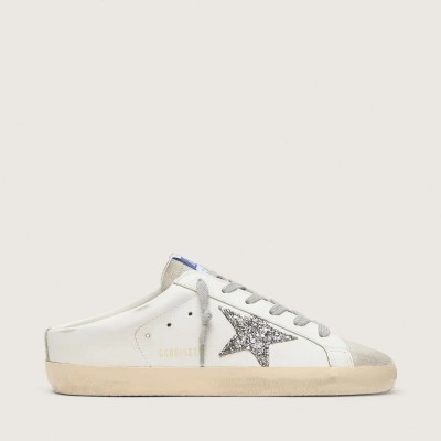 Golden Goose Super-Star Sabot With A Platinum Glitter Star And Suede Tongue Golden Goose Super-Star Sabot With A Platinum Glitter Star And Suede Tongue