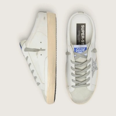 Golden Goose Super-Star Sabot With A Platinum Glitter Star And Suede Tongue Golden Goose Super-Star Sabot With A Platinum Glitter Star And Suede Tongue