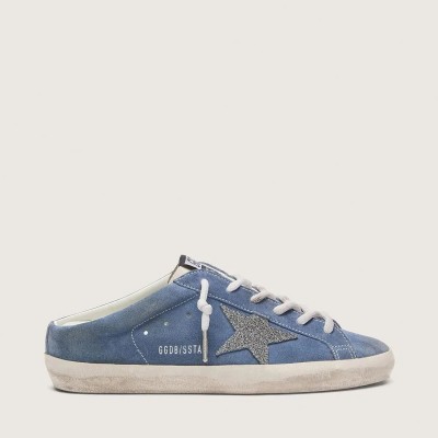 Golden Goose Super-Star Sabots In Denim-Blue Suede With Silver Glitter Star Golden Goose Super-Star Sabots In Denim-Blue Suede With Silver Glitter Star