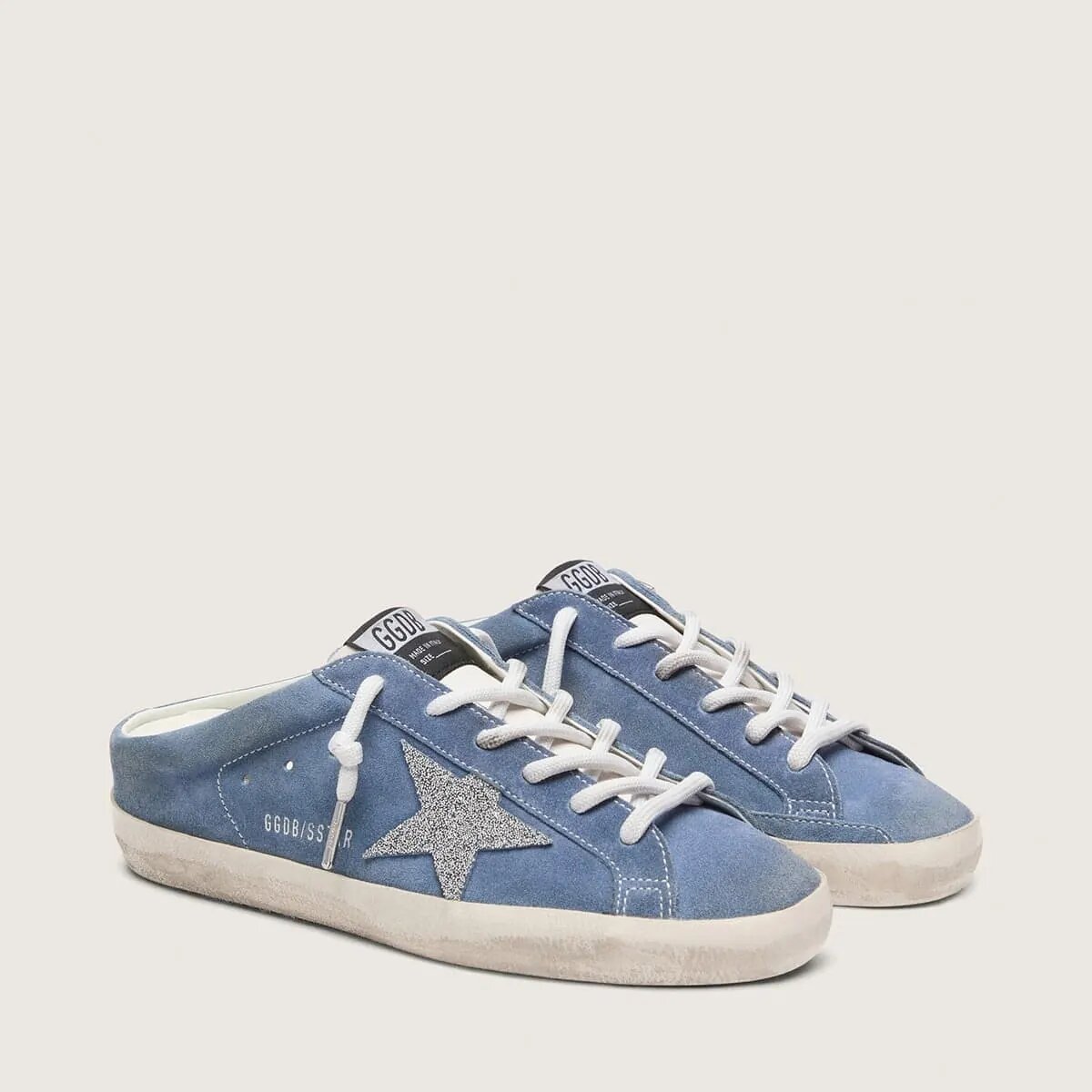 Golden Goose Super-Star Sabots In Denim-Blue Suede With Silver Glitter Star Golden Goose Super-Star Sabots In Denim-Blue Suede With Silver Glitter Star