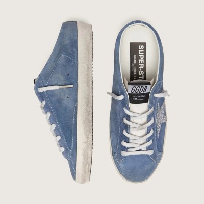 Golden Goose Super-Star Sabots In Denim-Blue Suede With Silver Glitter Star Golden Goose Super-Star Sabots In Denim-Blue Suede With Silver Glitter Star