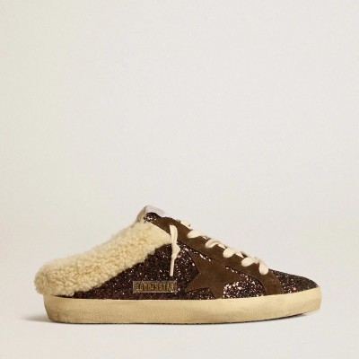 Golden Goose Super-Star Sabots In Glitter With Brown Star And Shearling Lining Golden Goose Super-Star Sabots In Glitter With Brown Star And Shearling Lining