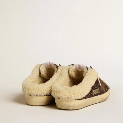 Golden Goose Super-Star Sabots In Glitter With Brown Star And Shearling Lining Golden Goose Super-Star Sabots In Glitter With Brown Star And Shearling Lining