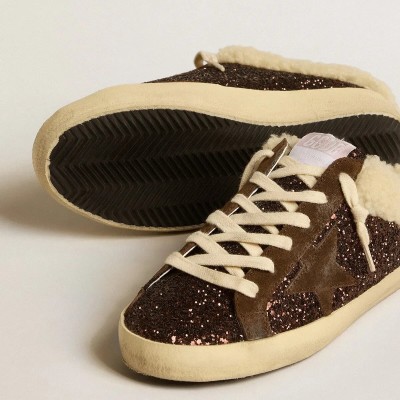 Golden Goose Super-Star Sabots In Glitter With Brown Star And Shearling Lining Golden Goose Super-Star Sabots In Glitter With Brown Star And Shearling Lining