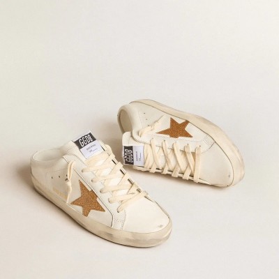 Golden Goose Super-Star Sabots In Leather With Plasticized Gold Glitter Star Golden Goose Super-Star Sabots In Leather With Plasticized Gold Glitter Star