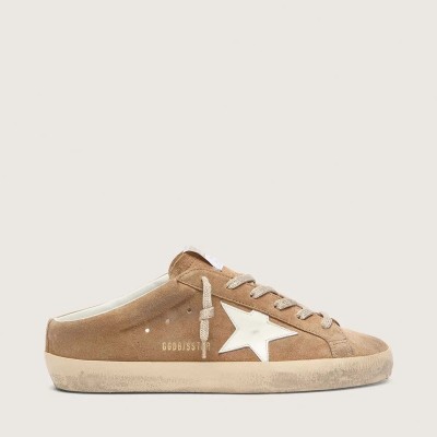 Golden Goose Super-Star Sabots In Tobacco Suede With White Leather Star