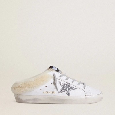 Golden Goose Super-Star Sabots In White Leather With Shearling Lining And Silver Star Golden Goose Super-Star Sabots In White Leather With Shearling Lining And Silver Star
