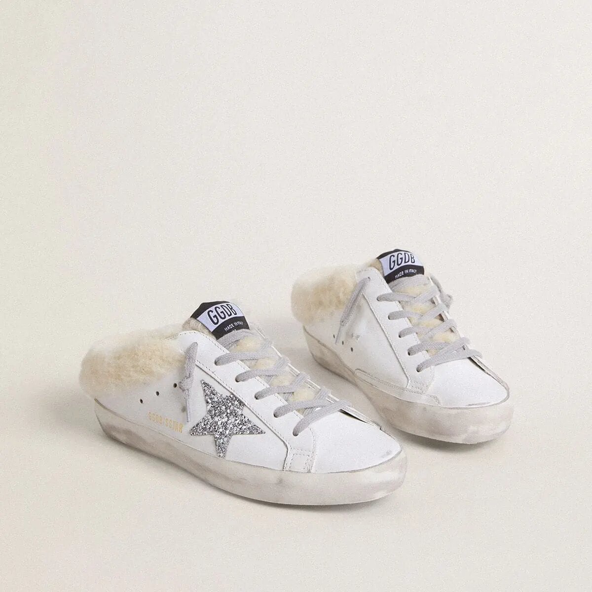 Golden Goose Super-Star Sabots In White Leather With Shearling Lining And Silver Star Golden Goose Super-Star Sabots In White Leather With Shearling Lining And Silver Star