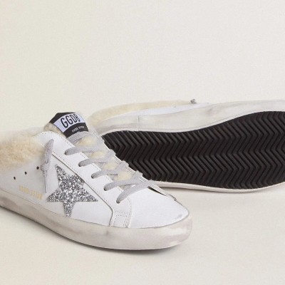 Golden Goose Super-Star Sabots In White Leather With Shearling Lining And Silver Star Golden Goose Super-Star Sabots In White Leather With Shearling Lining And Silver Star