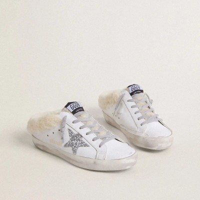 Golden Goose Super-Star Sabots In White Leather With Shearling Lining And Silver Star Golden Goose Super-Star Sabots In White Leather With Shearling Lining And Silver Star