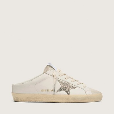 Golden Goose Super-Star Sabots In White Leather With Swarovski Star Golden Goose Super-Star Sabots In White Leather With Swarovski Star