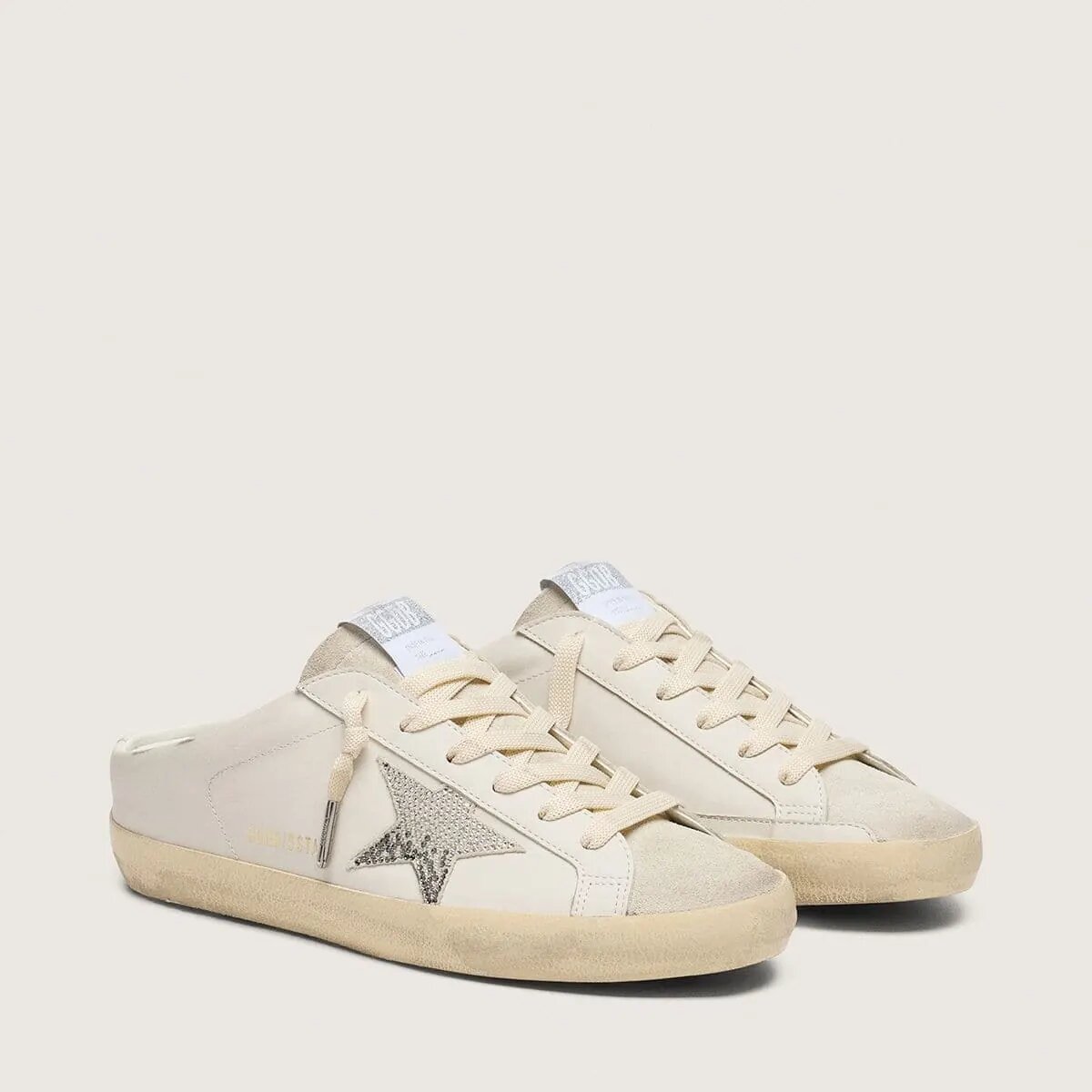 Golden Goose Super-Star Sabots In White Leather With Swarovski Star Golden Goose Super-Star Sabots In White Leather With Swarovski Star