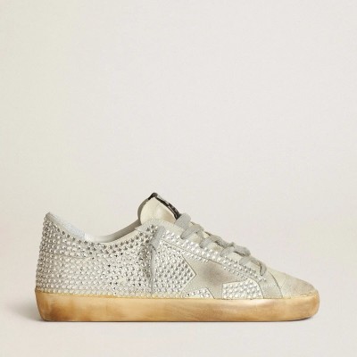 Golden Goose Super-Star In Aged White Nubuck With Swarovski Crystals