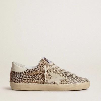 Golden Goose Super-Star In Beige Suede And Multicolored Crystals With Cream-Colored Leather Star And Heel Tab Golden Goose Super-Star In Beige Suede And Multicolored Crystals With Cream-Colored Leather Star And Heel Tab