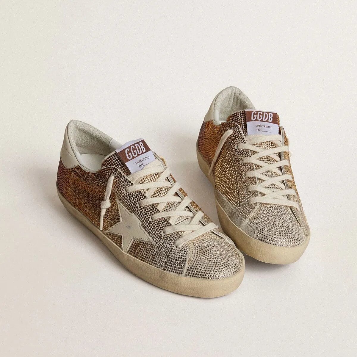 Golden Goose Super-Star In Beige Suede And Multicolored Crystals With Cream-Colored Leather Star And Heel Tab Golden Goose Super-Star In Beige Suede And Multicolored Crystals With Cream-Colored Leather Star And Heel Tab