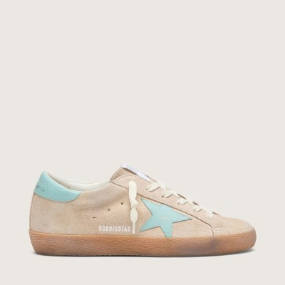 Golden Goose Super-Star In Beige Suede With Aqua-Green Star Golden Goose Super-Star In Beige Suede With Aqua-Green Star