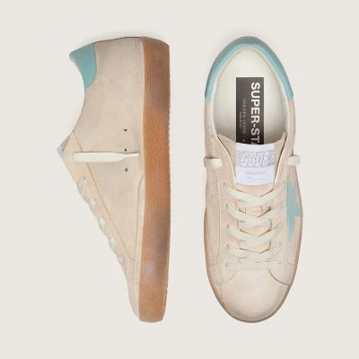 Golden Goose Super-Star In Beige Suede With Aqua-Green Star Golden Goose Super-Star In Beige Suede With Aqua-Green Star