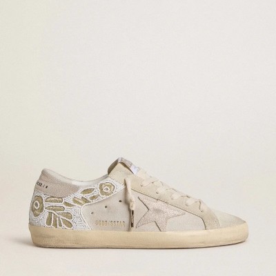 Golden Goose Super-Star In Beige Suede With Bead Embroidery And Laminated Suede Star Golden Goose Super-Star In Beige Suede With Bead Embroidery And Laminated Suede Star
