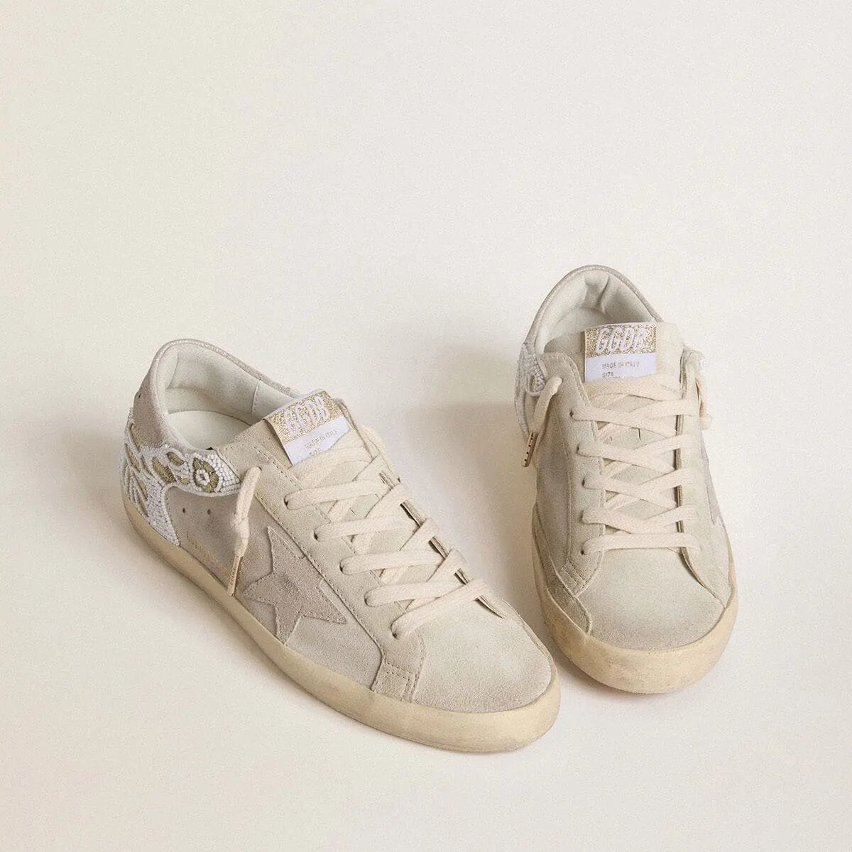 Golden Goose Super-Star In Beige Suede With Bead Embroidery And Laminated Suede Star Golden Goose Super-Star In Beige Suede With Bead Embroidery And Laminated Suede Star