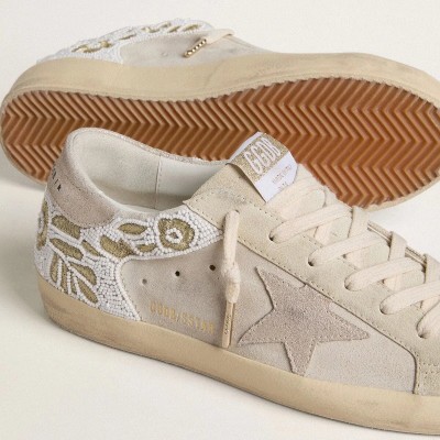 Golden Goose Super-Star In Beige Suede With Bead Embroidery And Laminated Suede Star Golden Goose Super-Star In Beige Suede With Bead Embroidery And Laminated Suede Star