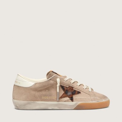 Golden Goose Super-Star In Beige Suede With Leopard-Print Star Golden Goose Super-Star In Beige Suede With Leopard-Print Star