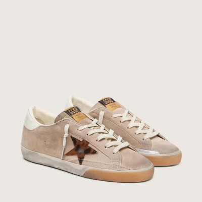 Golden Goose Super-Star In Beige Suede With Leopard-Print Star Golden Goose Super-Star In Beige Suede With Leopard-Print Star