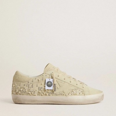 Golden Goose Super-Star In Beige Suede With Pearls And Swarovski Crystals Golden Goose Super-Star In Beige Suede With Pearls And Swarovski Crystals