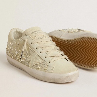 Golden Goose Super-Star In Beige Suede With Pearls And Swarovski Crystals Golden Goose Super-Star In Beige Suede With Pearls And Swarovski Crystals