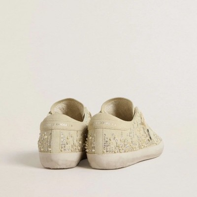 Golden Goose Super-Star In Beige Suede With Pearls And Swarovski Crystals Golden Goose Super-Star In Beige Suede With Pearls And Swarovski Crystals