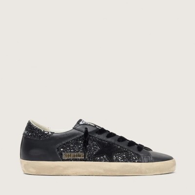 Golden Goose Super-Star In Black Glitter With Black Suede Star And Leather Inserts Golden Goose Super-Star In Black Glitter With Black Suede Star And Leather Inserts