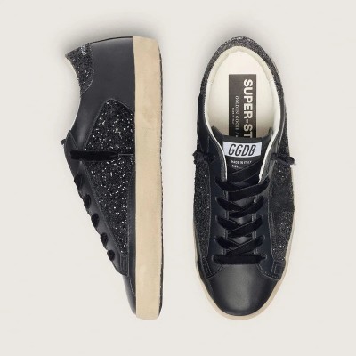 Golden Goose Super-Star In Black Glitter With Black Suede Star And Leather Inserts Golden Goose Super-Star In Black Glitter With Black Suede Star And Leather Inserts