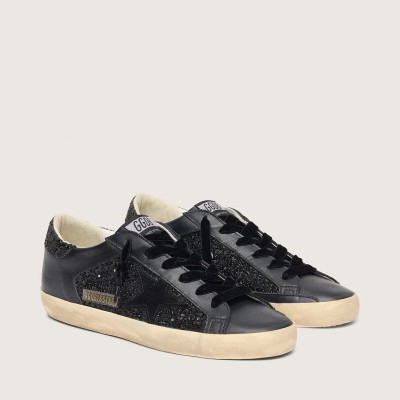 Golden Goose Super-Star In Black Glitter With Black Suede Star And Leather Inserts Golden Goose Super-Star In Black Glitter With Black Suede Star And Leather Inserts