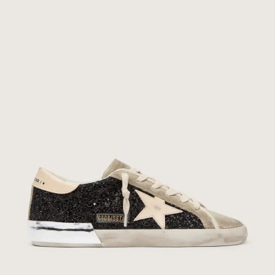 Golden Goose Super-Star In Black Glitter With Cream Star And Suede Inserts Golden Goose Super-Star In Black Glitter With Cream Star And Suede Inserts