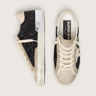 Golden Goose Super-Star In Black Glitter With Cream Star And Suede Inserts Golden Goose Super-Star In Black Glitter With Cream Star And Suede Inserts