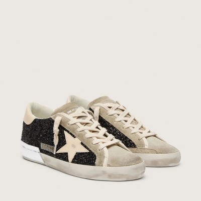 Golden Goose Super-Star In Black Glitter With Cream Star And Suede Inserts Golden Goose Super-Star In Black Glitter With Cream Star And Suede Inserts