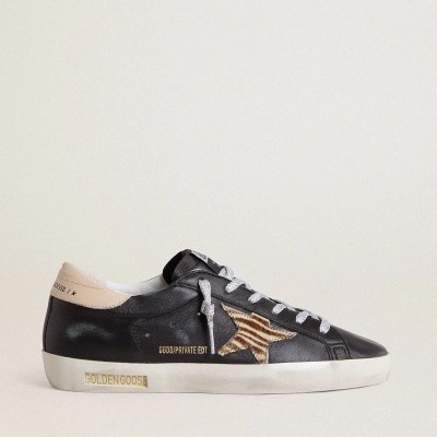 Golden Goose Super-Star In Black Nappa Leather With Zebra-Print Pony Skin Star And Beige Leather Heel Tab